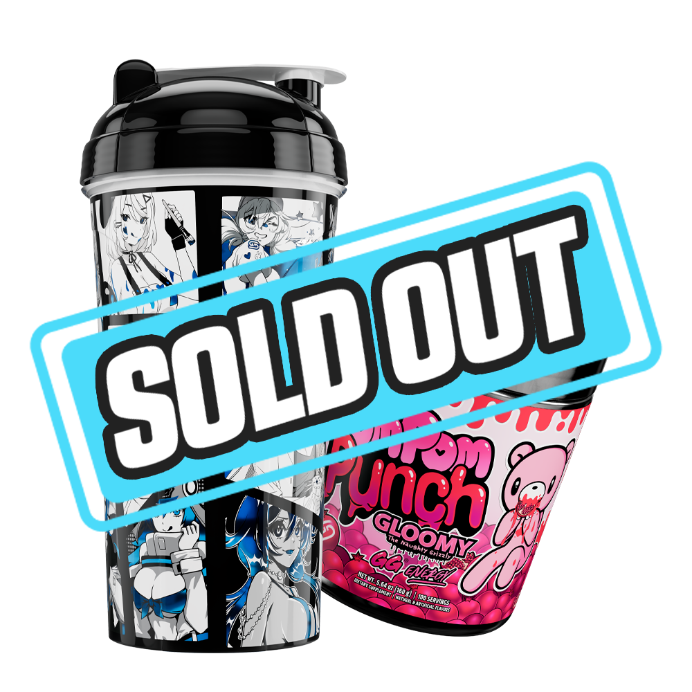 Black shaker cup with blue and white manga-style female characters next to a pink Pom Punch Gloomy tub.