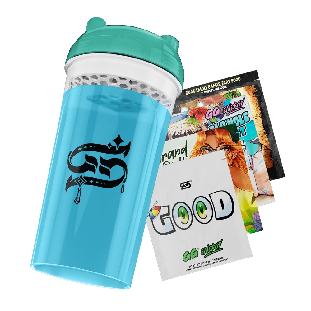 Blue and teal shaker bottle with cartoon design
