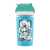 Blue and teal shaker bottle with cartoon design