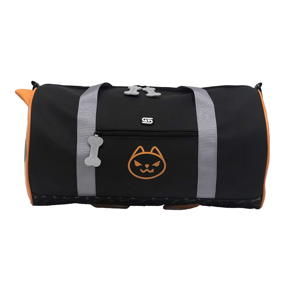 Black duffel bag with orange accents and a cat face design