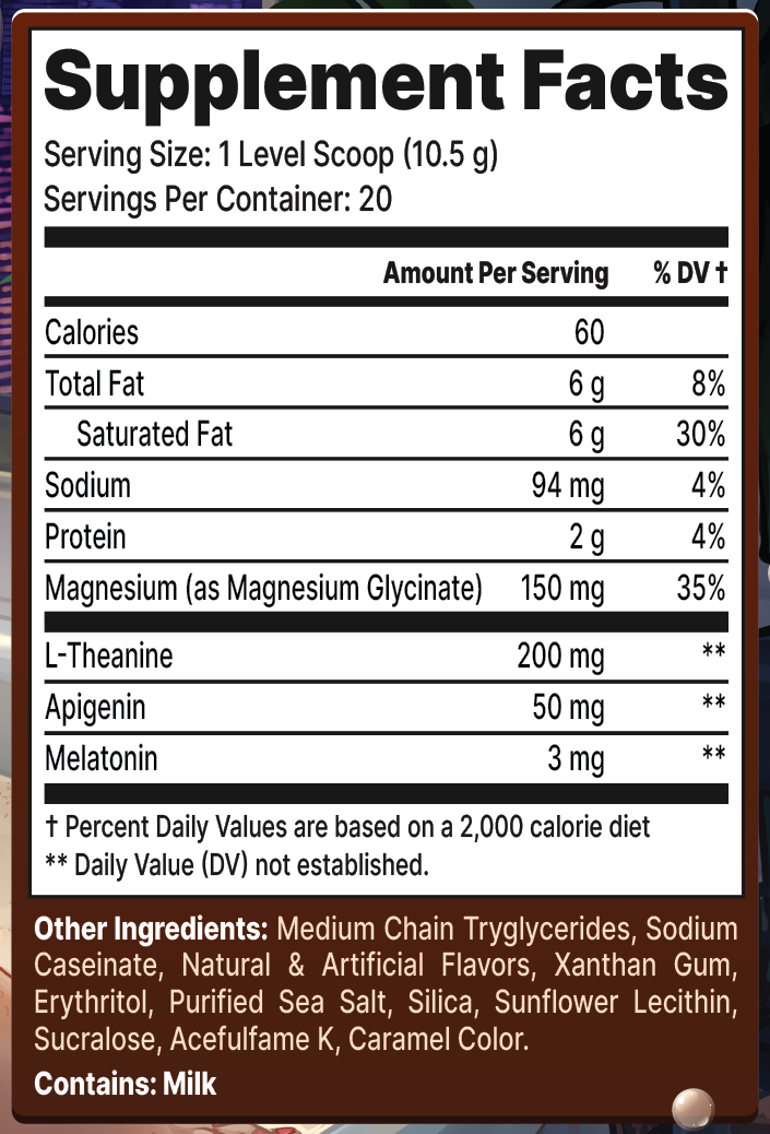 AFK+ (with Melatonin): Cinnamon Bath - 30 Servings Nutrition Chart
