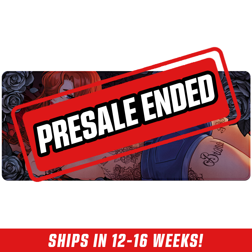 Red-haired tattooed woman lying on her side with blue shorts against a dark floral background on a mouse pad.