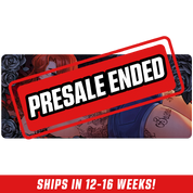 Red-haired tattooed woman lying on her side with blue shorts against a dark floral background on a mouse pad.