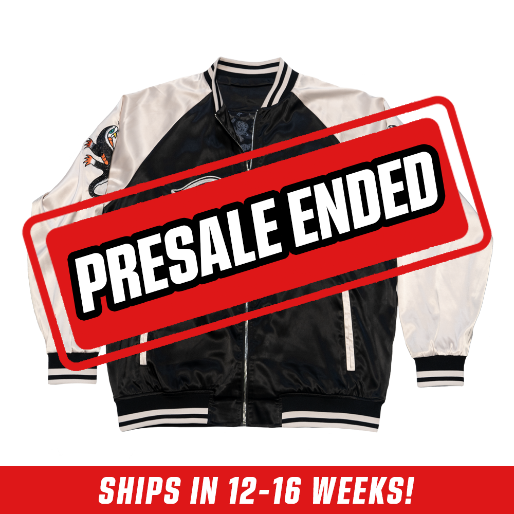 White size chart for PaymoneyWubby Inked Satin Jacket with measurements from S to 6XL in inches.