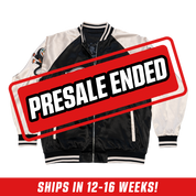 White size chart for PaymoneyWubby Inked Satin Jacket with measurements from S to 6XL in inches.