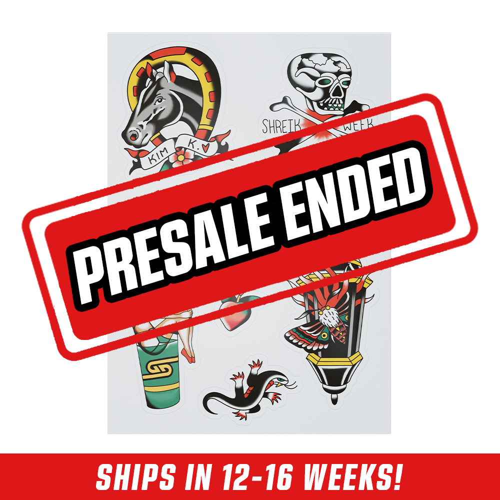 Vintage-style temporary tattoos featuring a black horse with a horseshoe and a skull with crossbones.