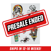 Vintage-style temporary tattoos featuring a black horse with a horseshoe and a skull with crossbones.