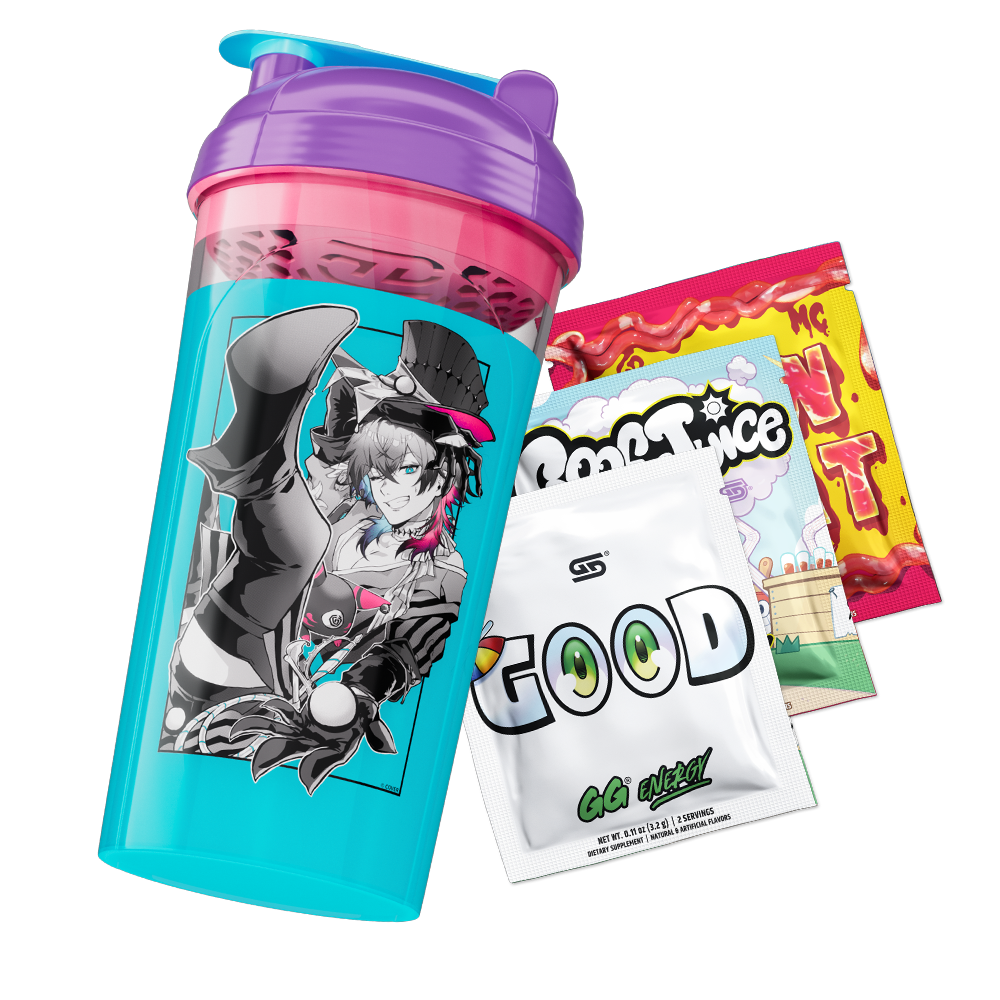 A clear plastic shaker bottle with a purple lid and a bright turquoise body printed with an anime character, shown alongside two snack pouches on a plain white background.