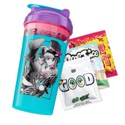 A clear plastic shaker bottle with a purple lid and a bright turquoise body printed with an anime character, shown alongside two snack pouches on a plain white background.