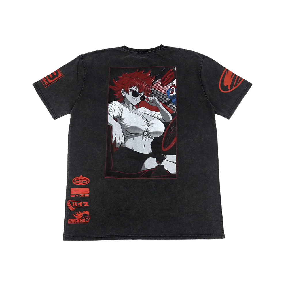 A black acid-wash graphic t-shirt featuring an anime-style illustration of a red-haired woman on the front, with red graphic prints on both sleeves and the lower left leg.