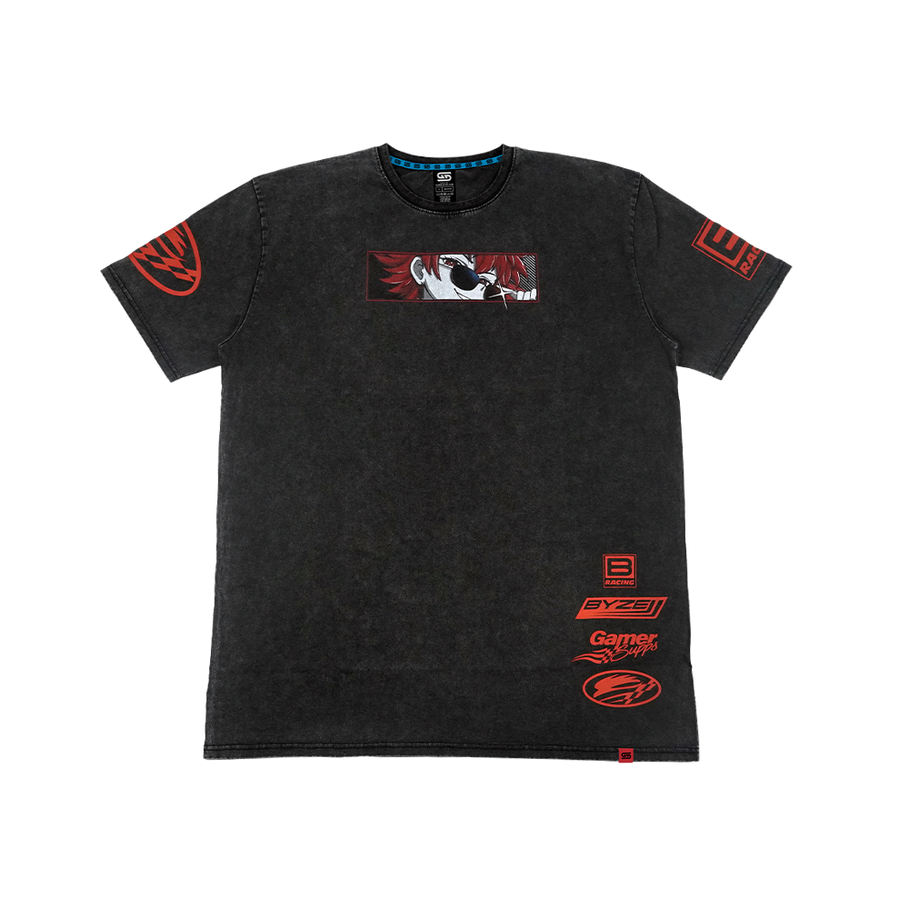 A black mineral-wash short-sleeve t-shirt with red and white graphic prints, including a central rectangular graphic and multiple logos on the sleeves and lower front, displayed against a plain white background.