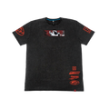 A black mineral-wash short-sleeve t-shirt with red and white graphic prints, including a central rectangular graphic and multiple logos on the sleeves and lower front, displayed against a plain white background.