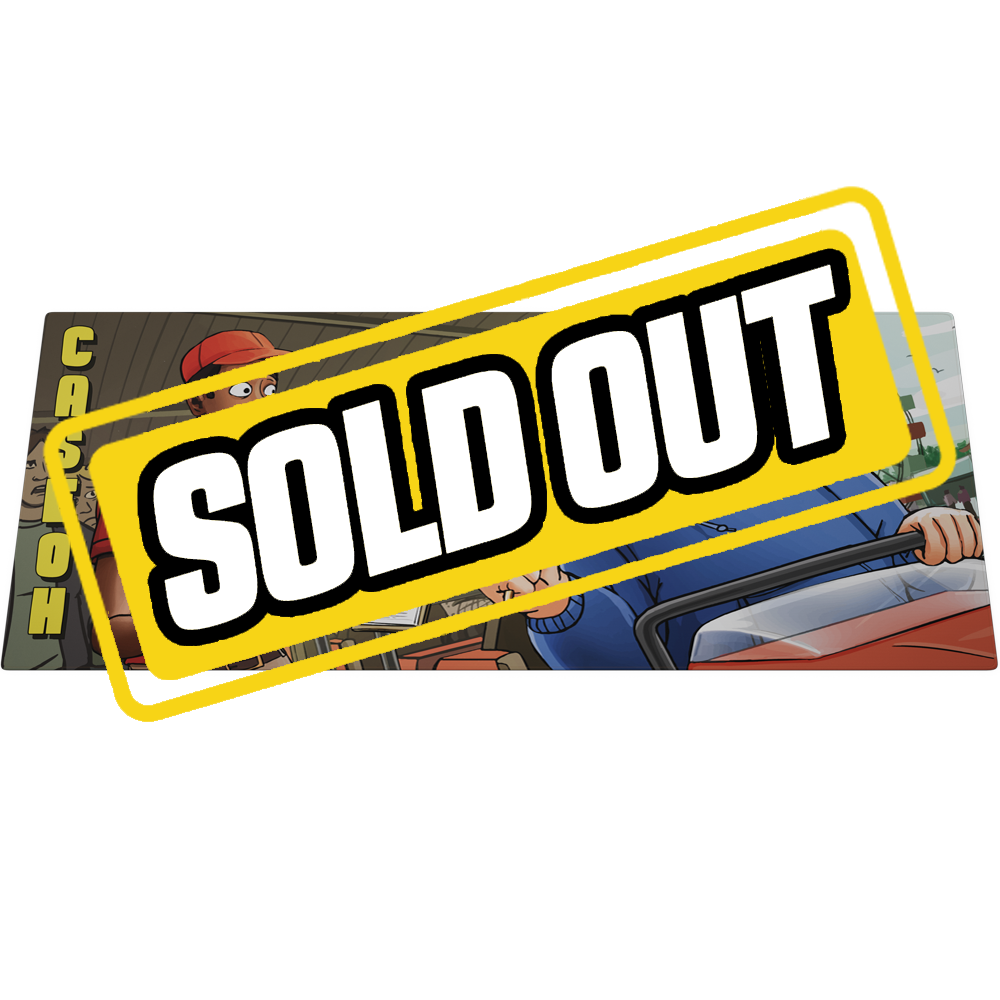 Rectangular mouse pad with a cartoon of a shocked man in blue and orange tones inside a box labeled Nuclear Bombsicle.