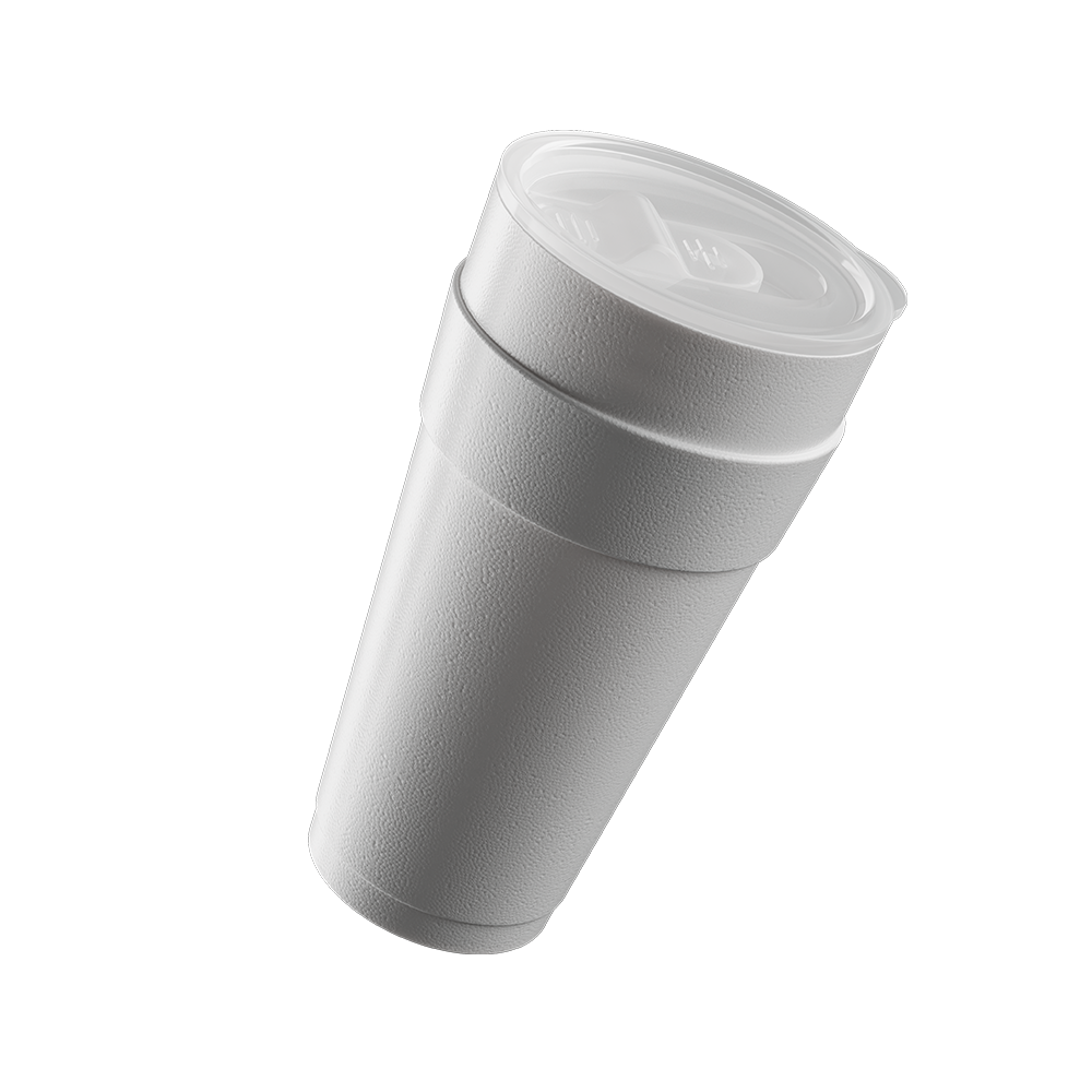 White double-layered foam cup with a clear plastic lid and textured surface angled on white background.