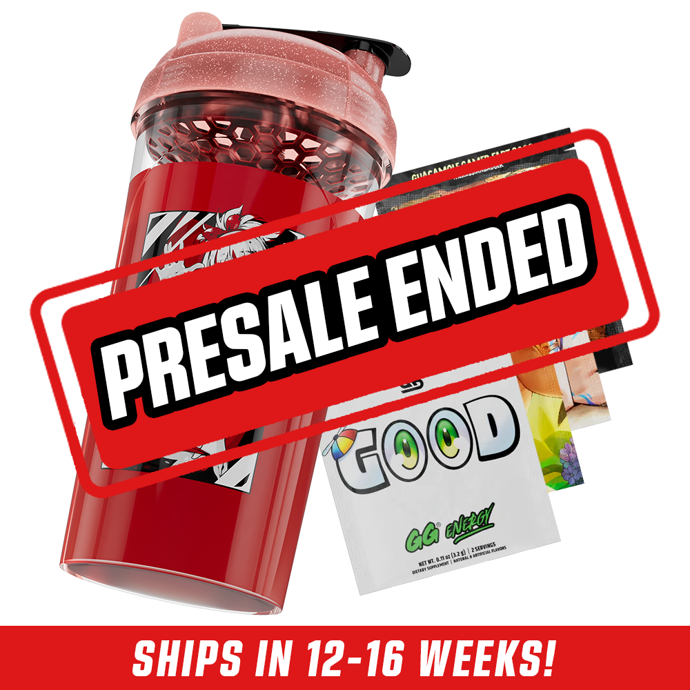 Red shaker cup with a glittery pink lid and anime girl illustration wearing a "MINI MILK" shirt on the front.