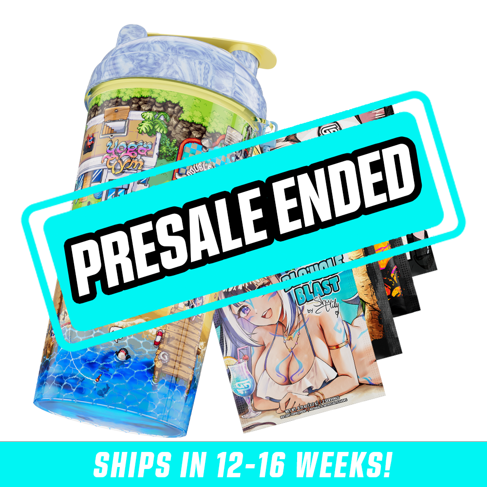 Shaker cup with pixel art beach scene and attached blue-haired anime character charm, with energy drink packets.