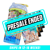 Shaker cup with pixel art beach scene and attached blue-haired anime character charm, with energy drink packets.