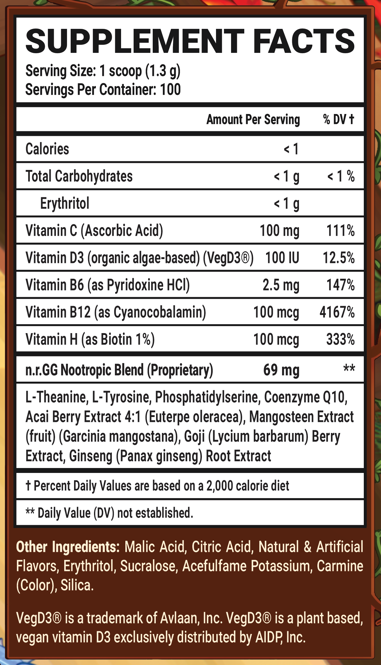 Plowed and Proud GG by Vienna Caffeine Free - 100 Servings Nutrition Chart