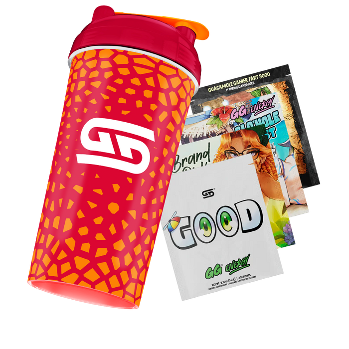 Red shaker bottle with orange cracked pattern and white stylized logo, topped with a red lid and orange flip cap.