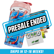 Blue cup with pink lid featuring cartoon worm characters with black hair and white highlights and "Wormlily" text.