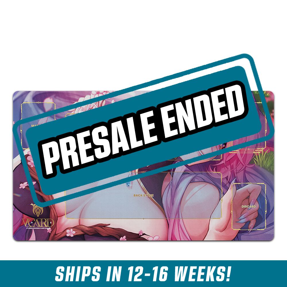 Playmat with a pink-haired anime character and gold card zone outlines on a purple background.