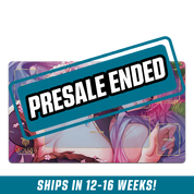 Playmat with a pink-haired anime character and gold card zone outlines on a purple background.