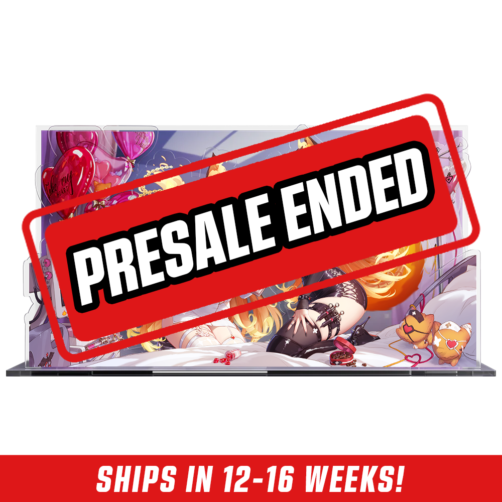 Two anime-style fox-eared nurses in black and white outfits with glowing tails, surrounded by Valentine-themed medical items.