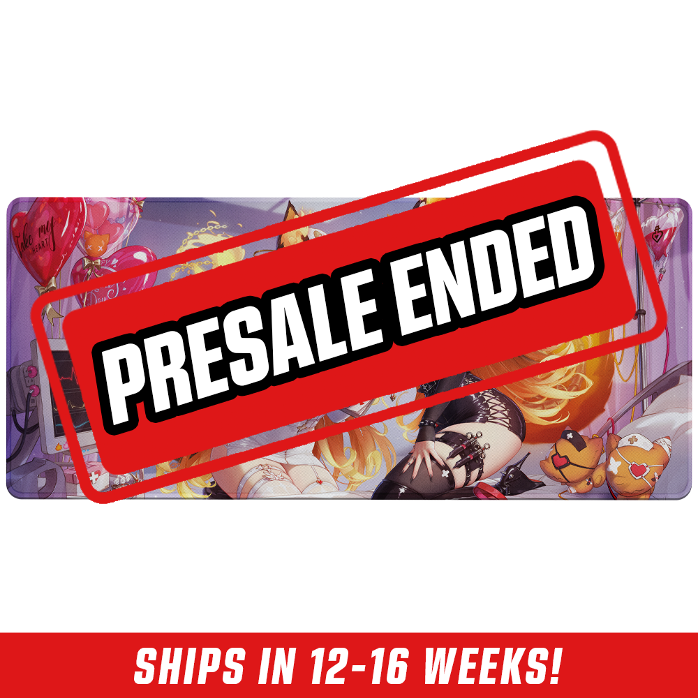 Two anime nurses with fox ears and fiery tails, one in white and one in black, surrounded by medical gear and heart balloons.