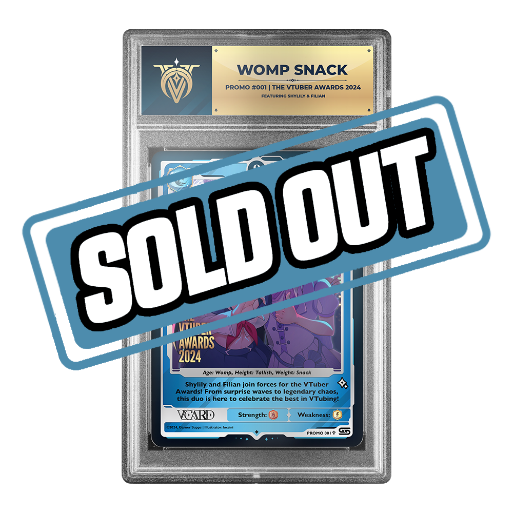 Blue and gold Vcard slab with ornate border and logo encased in a clear protective plastic holder.