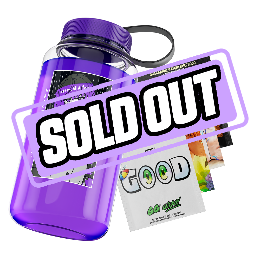 Purple water jug with a black and white anime girl in a bikini revealing bottles inside her coat pocket.