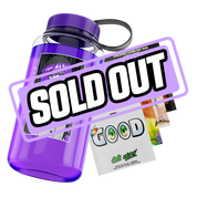 Purple water jug with a black and white anime girl in a bikini revealing bottles inside her coat pocket.