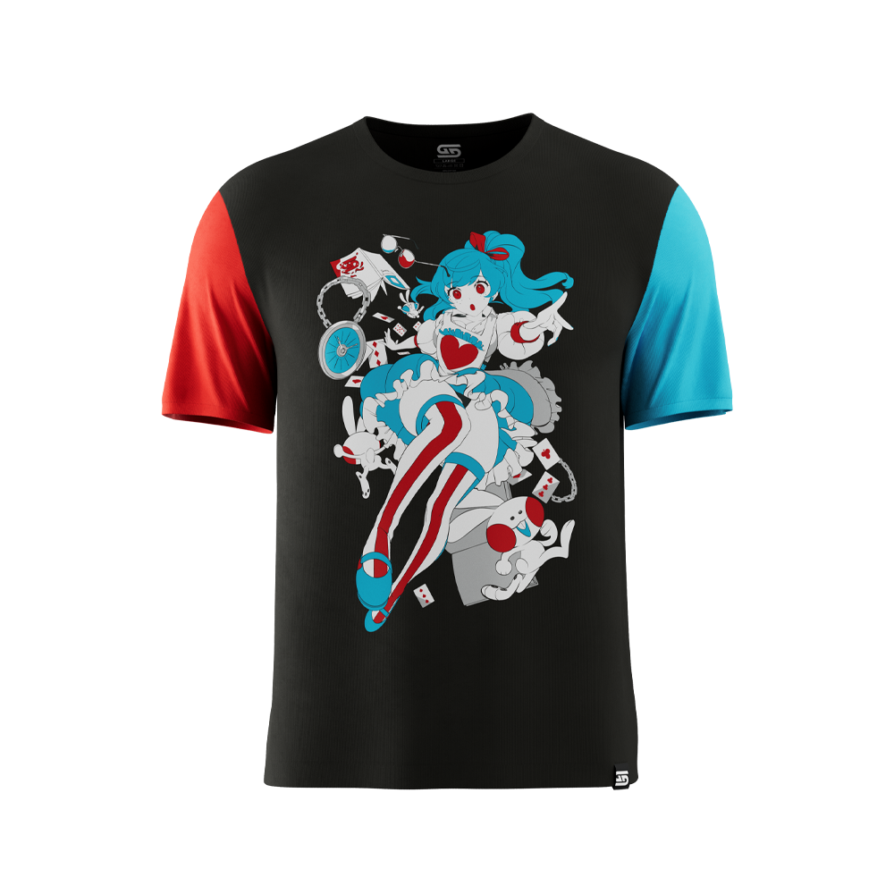 Black t-shirt with contrasting short sleeves in bright blue on left and red on right, shown from back.