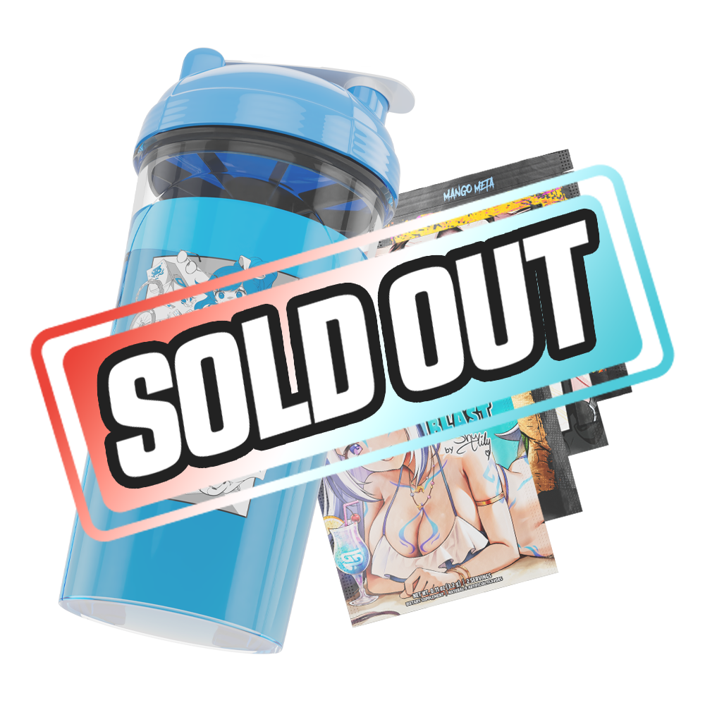 Clear plastic shaker bottle with a blue lid and a black stylized "SD" logo on the side