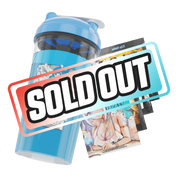 Clear plastic shaker bottle with a blue lid and a black stylized "SD" logo on the side