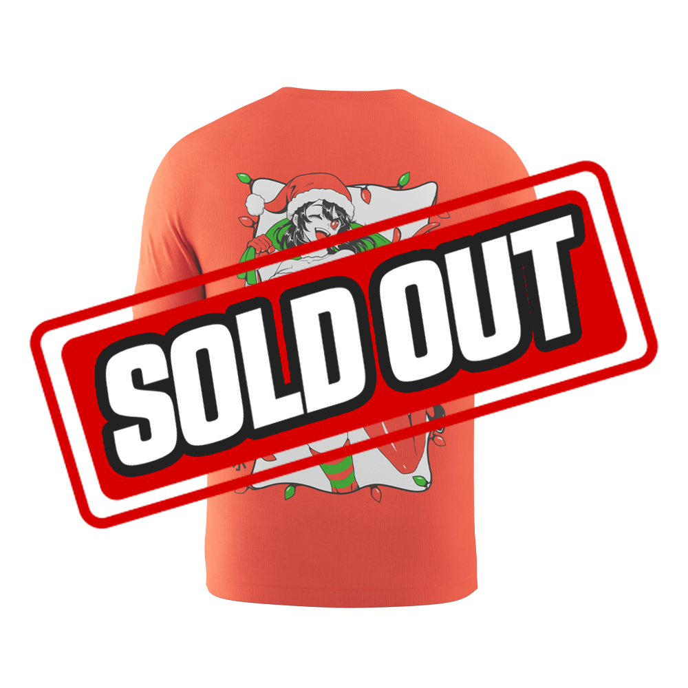 Bright red short-sleeve shirt with a small candy cane striped logo in red, white, and green on the chest.
