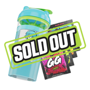 Clear shaker bottle with bright blue lid, green flip cap, and black stylized logo on the side.