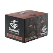 Black and brown label with white chopsticks over bowl logo and text "Gamer Soups Instant Noodles Artificial Beef Flavor"