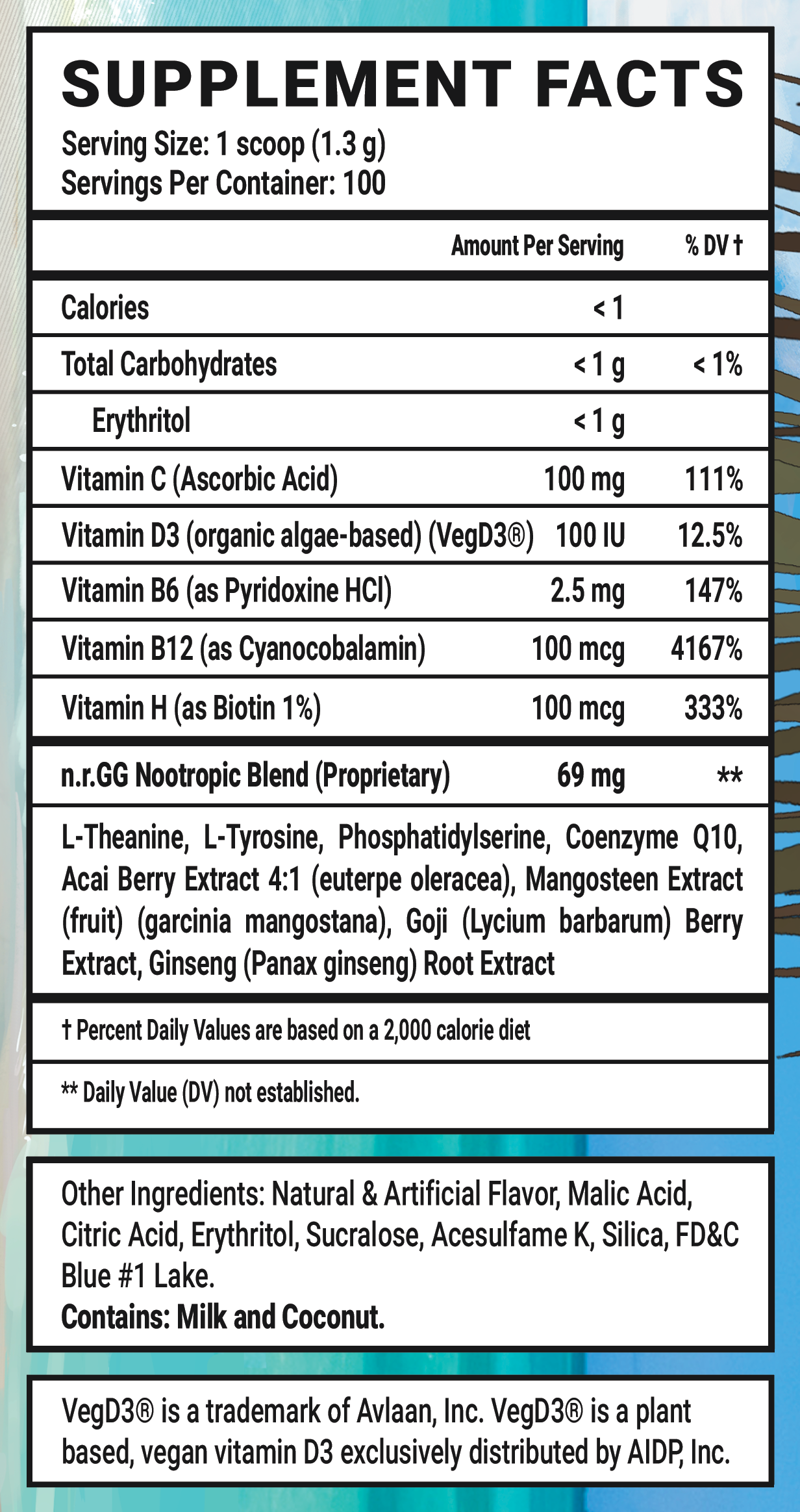 Blo'Hole Blast: Special Edition Caffeine Free - 100 Servings Nutrition Chart