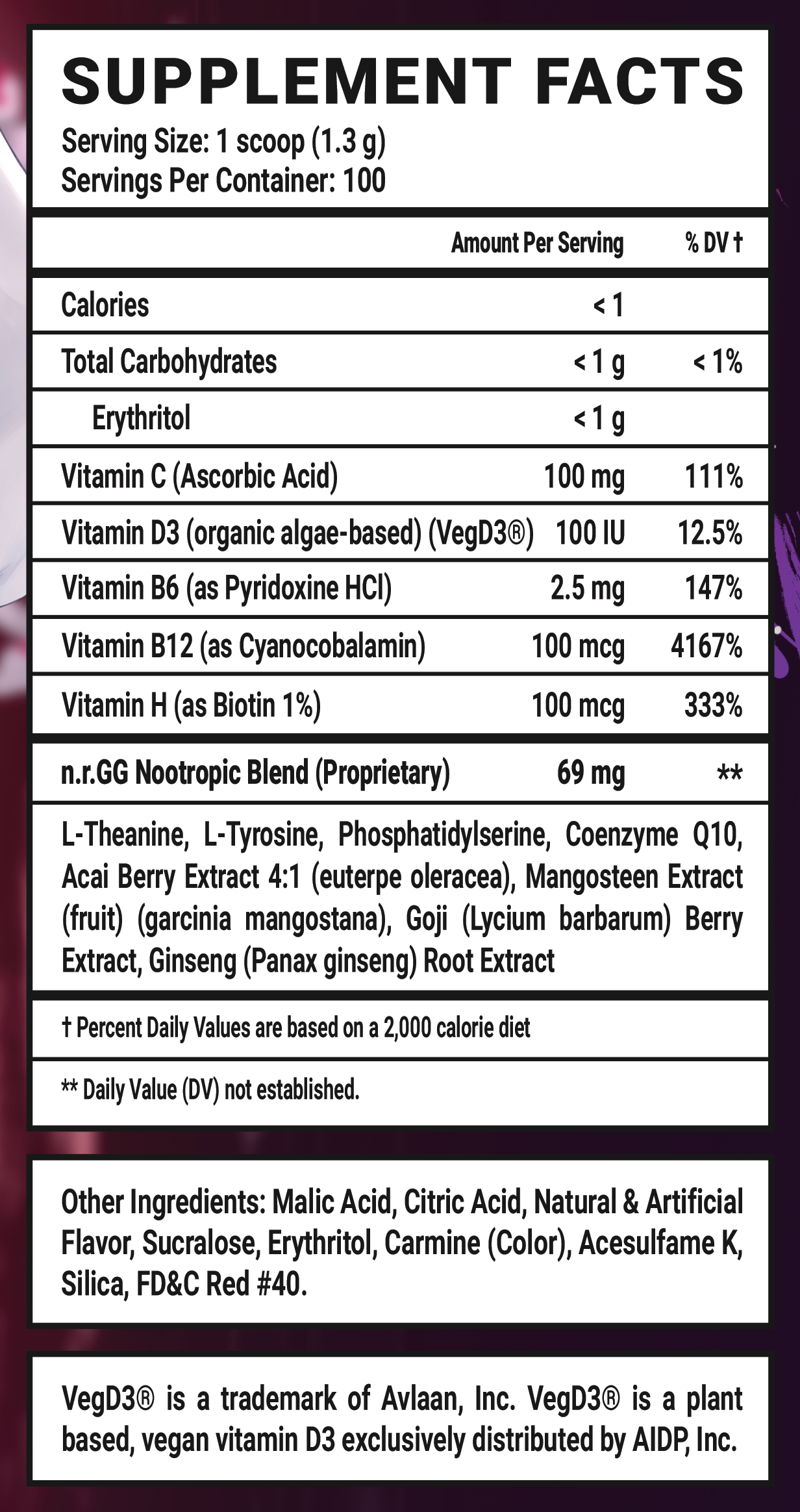 Vei's Bloodlust GG Caffeine Free - 100 Servings Nutrition Chart