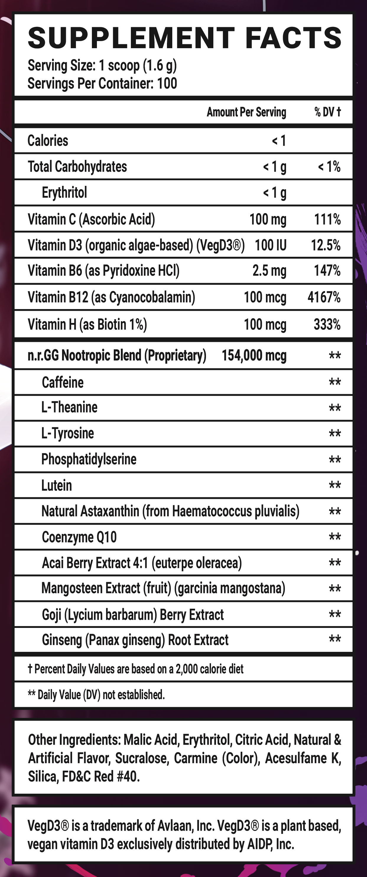 Vei's Bloodlust GG - 100 Servings Nutrition Chart