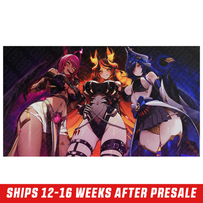 Three anime-style women with horns and dark fantasy armor against a fiery background.
