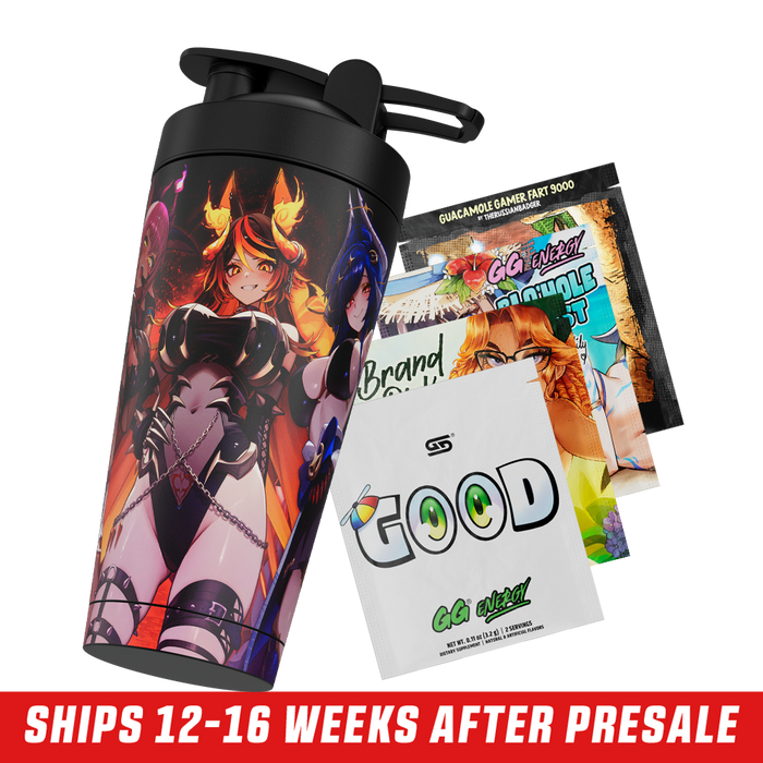 Black shaker cup featuring anime-style characters with dark blue and fiery orange hair in dynamic poses.