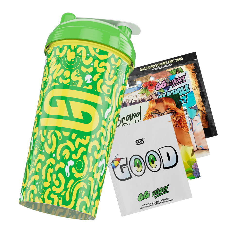 Green and yellow abstract patterned shaker with a bright green lid and white "Gamer Supps" logo on the side.