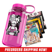 Clear 32oz jug with bold black and white "Waifu Cups" text and a bright pink screw-on lid with handle loop.