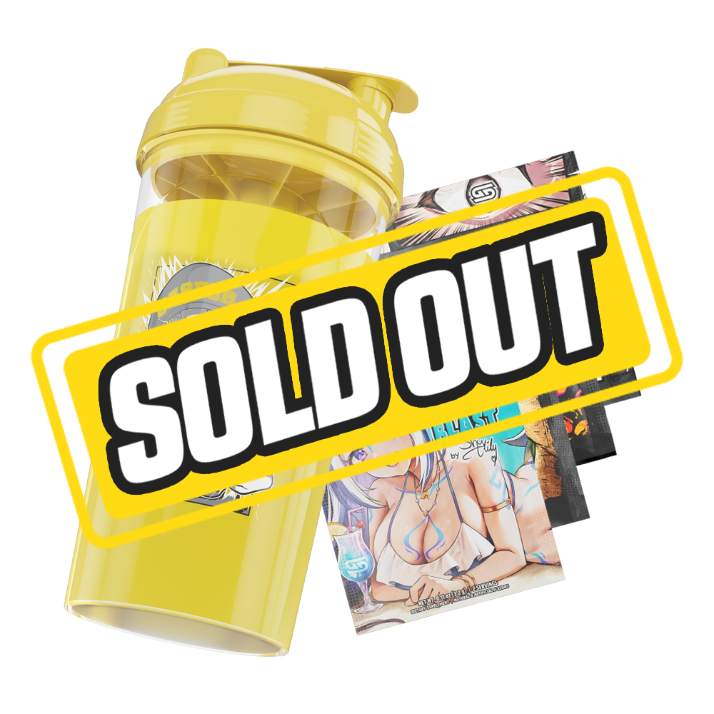 Clear shaker cup with a bold black logo and a bright yellow screw-on lid with flip spout.
