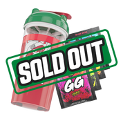 Clear shaker bottle with green lid, red flip cap, and bold black stylized "GD" logo on the side