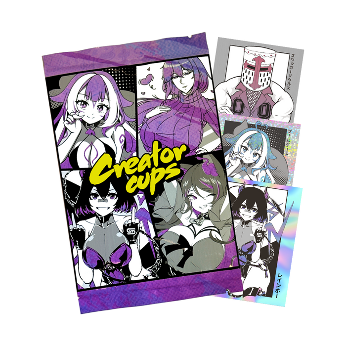 Sticker packs featuring anime-style characters with purple and black outfits and yellow "Creator cups" text on the cover.