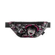 Black and gray gamer bag with pink accents featuring multiple anime-style demon girl faces and a black adjustable strap.