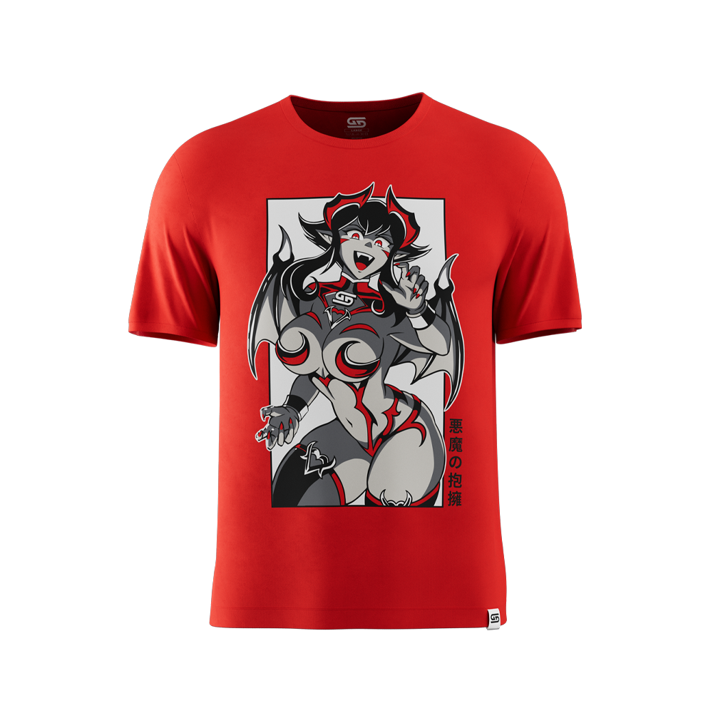 Red shirt featuring a stylized anime demon girl with black wings, red accents, and Japanese text on the side.