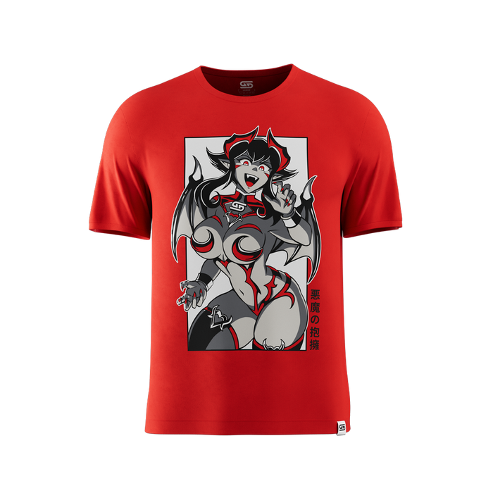 Red shirt featuring a stylized anime demon girl with black wings, red accents, and Japanese text on the side.